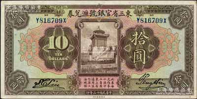 民国十三年（1924年）东三省官银号汇兑券拾圆，前后字轨长框版，尺寸173×87mm（注：此券共分2种版式，另有1种为前双字轨短框版，尺寸167×86mm）；森本勇先生藏品，九五成新