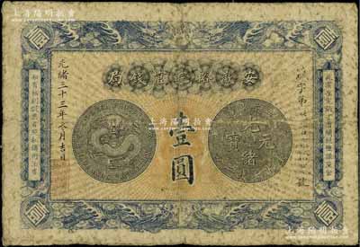 光绪三十三年（1907年）安徽裕皖官钱局壹圆，背面告示文字清晰，原票七成新