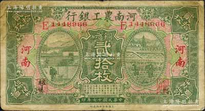 民国十七年（1928年）河南农工银行铜元贰拾枚，河南地名；白尔文先生藏品，罕见，七五成新