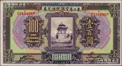 民国十三年（1924年）东三省官银号汇兑券壹百圆，资深藏家出品，九五成新