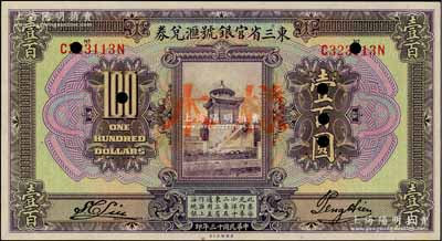 民国十三年（1924年）东三省官银号汇兑券壹百圆，正票改样本，资深藏家出品，九八成新