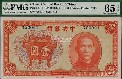 民国二十五年（1936年）中央银行中华版宝鼎图壹圆，无字轨，孔祥熙·李觉签名，全新