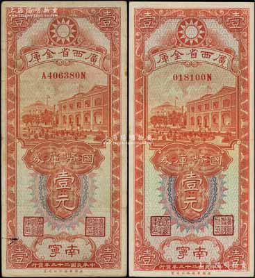 民国二十三年（1934年）广西省金库国币库券壹元共2枚不同，南宁地名，分别为后单字轨和前后字轨；澳门陈耀光先生藏品，八至八五成新