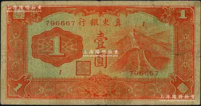 冀东银行（1937年）长城图壹圆，刘文和先生藏品，少见，原票七五成新