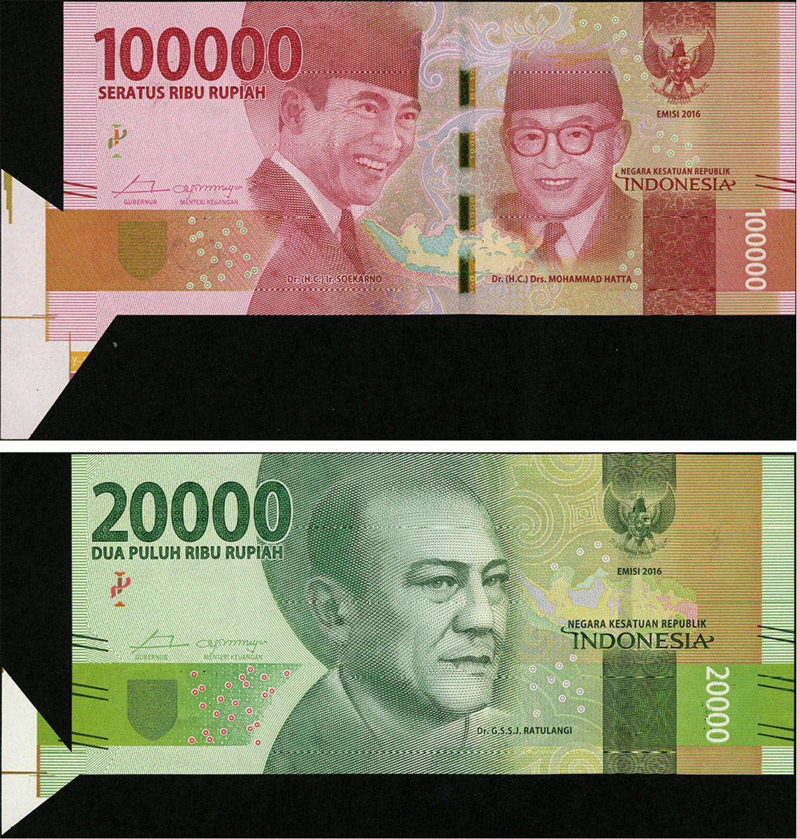 2016年印度尼西亚20000卢比、100000卢比共2枚不同，均为错版券·左下角大福耳；海外藏家出品，九八成新