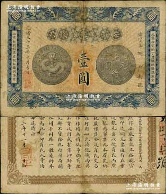 光绪三十三年（1907年）安徽裕皖官钱局壹圆，背面告示文字清晰；海外藏家出品，原票七五成新