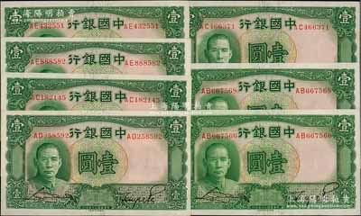 民国二十五年（1936年）中国银行德纳罗版壹圆共7枚，双字轨，前辈藏家出品，九八至全新，敬请预览