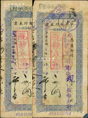 中央银行本票（长春分行）东北流通券1947年壹万圆、1948年贰万圆共2枚不同，上盖“现钞本票”戳记，均附带有原存根，七成新