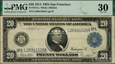 美国联邦储备券（Federal Reserve Notes）1914年20美元，早期版大型尺寸，库印为旧金山发行；海外藏家出品，八成新