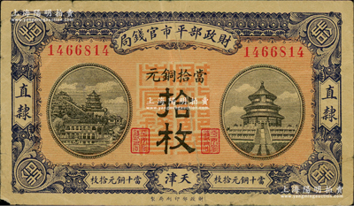 民国八年（1919年）财政部平市官钱局当拾铜元拾枚，直隶·天津地名，红底蓝紫色版，背盖“天津平市官钱局经理章”；林惠忠先生藏品，少见，近八成新