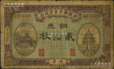 民国八年一月版（1919年）财政部平市官钱局铜元贰拾枚，天津地名，蓝底紫色版，背盖“天津平市官钱局经理章”；林惠忠先生藏品，少见，原票七成新