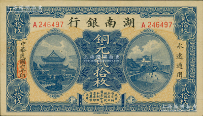 民国六年（1917年）湖南银行铜元贰拾枚，柏文先生藏品，上佳品相，九八成新