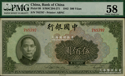 民国三十一年（1942年）中国银行美钞版伍佰圆，无字轨，资深藏家出品，九五成新