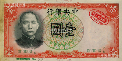 民国二十五年（1936年）中央银行德纳罗版壹圆样本券，背无签名，票上有德纳罗印钞公司红色标志；资深藏家出品，未折九成新