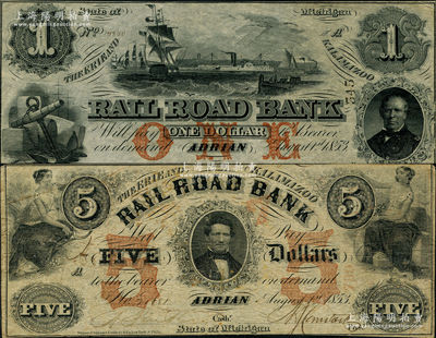 1853年（密歇根州）伊利和卡拉马祖铁路银行1美元、5美元共2枚不同，属美国早期著名铁路商业银行，后因美国金融历史上赫赫有名的“伊利（铁路）之战”而倒闭；前辈藏家出品，少见，原票七五至八五成新