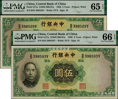 民国二十五年（1936年）中央银行华德路版伍圆共2枚，李觉·黄秀峰签名，全新