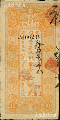 民国二年（1913年）黑龙江省官银号铜币壹拾枚，背面所印之告白文字甚为明晰；海外藏家出品，七五成新