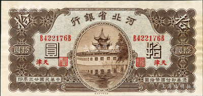 民国廿三年（1934年）河北省银行拾圆，天津地名，近九成新