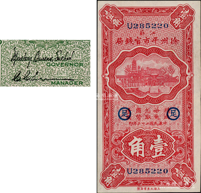 民国二十二年（1933年）江苏徐州平市官钱局壹角，第二版签名券，且加印领券“足”字样；资深藏家出品，一流品相，九八成新