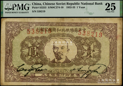 1932年中华苏维埃共和国国家银行列宁像壹圆，属第一版年份，原票PMG 25 VF，敬请预览