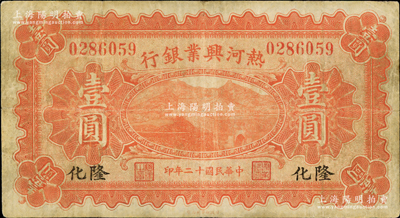 民国十二年（1923年）热河兴业银行红色壹圆，隆化地名；奥斯汀先生藏品，少见，近八成新