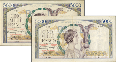1939年法国5000法郎共2枚不同，特大型女神图，形制美观；海外藏家出品，八至八五成新，敬请预览