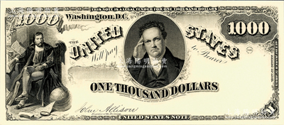 1863年美国1000美元单面卡纸印样，雕刻版手感强烈，全新