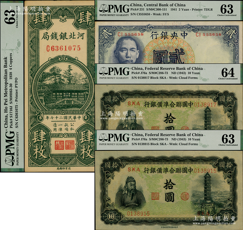 民国纸币4枚，详分：中央银行1941年德纳罗版孔林贰圆；中国联合准备