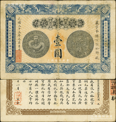 光绪三十三年（1907年）安徽裕皖官钱局壹圆，无地名版，正背图文清晰；柏文先生藏品，原票近八成新