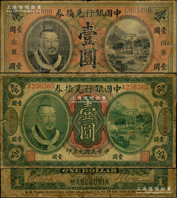 中国银行黄帝像纸币2种，详分：①1912年壹圆，左右分印“东三省通用”、“每圆付拾角”字样，孙多森·张竞立签名，属第一版发行，其左边职章为“监督之印”；②1913年壹圆，山东地名，宋汉章·王祖训签名；其中1枚边有修补，六至七成新，敬请预览