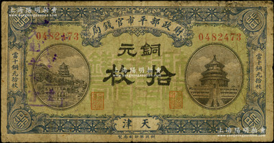 民国八年一月版（1919年）财政部平市官钱局铜元拾枚，天津地名，绿底蓝色版，背盖“天津平市官钱局经理章”；海外藏家出品，少见，原票七成新