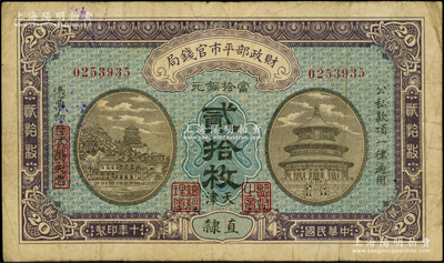 民国十年（1921年）财政部平市官钱局当拾铜元贰拾枚，直隶地名，又加印“天津”地名，背面印有英文面额，且盖有“天津平市官钱局经理章”，罕见，原票七五成新