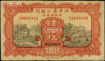 民国二十四年（1935年）北平农工银行铜元肆拾枚，平津保通用，原票七五成新