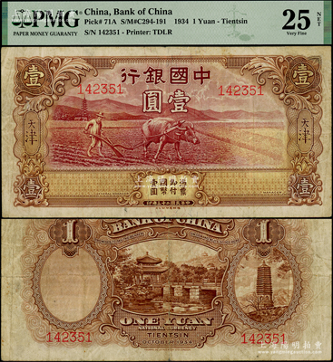 民国二十三年（1934年）中国银行牛耕地壹圆，天津地名，属未正式发行券，亦为中国银行钞票之名誉品，甚是难得，PMG 25 VF NET