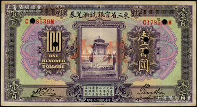 民国十三年（1924年）东三省官银号汇兑券壹百圆，正票改样本；海外藏家出品，八成新