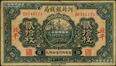 民国二十二年（1933年）河北银钱局铜元贰拾枚，北平地名，此年份较少见；资深藏家出品，原票七成新