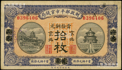 民国八年（1919年）财政部平市官钱局当拾铜元拾枚，山东·烟台改京兆地名，红底蓝紫色版；源于前辈名家之遗藏，八五成新