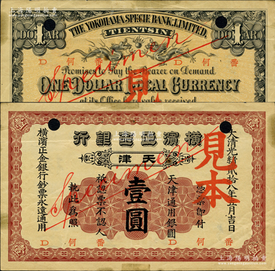 大清光绪贰拾八年（1902年）横滨正金银行·天津通用银圆壹圆见本，天津地名；柯福晟先生藏品，源于日本名家森本勇先生之旧藏，罕见，八五成新