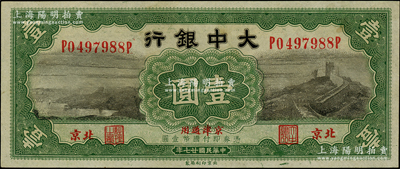 民国廿七年（1938年）大中银行长城图壹圆，北京·京津通用地名；柏文先生藏品，九八成新