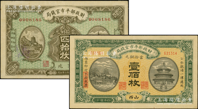 财政部平市官钱局铜元票2种，详分：1915年壹佰枚，山西地名；1923年四拾枚，京兆地名；王根堂先生藏品，八至九成新
