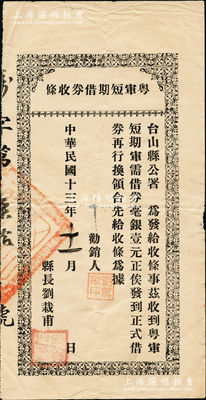 民国十三年（1924年）粤军短期借券收条，收到粤军短期军需借券毫银壹元，由台山县公署县长刘栽甫（台山唯一之“民选县长”，今台山华侨文化广场仍塑有其铜像）签发；少见，七五成新