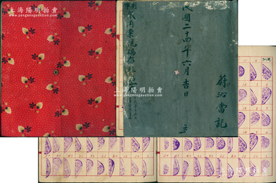 民国二十四年（1935年）蔚沁当记《利市贰角票号码存据第一本》留底印鑑本1册，蔚沁当乃山西沁源之著名当铺（阳明曾拍过该当铺纸币），此印鑑本内中盖有其发行的贰角券从第1号至第1万号共10000张纸币骑缝章，昔年可谓是费时费力；此种山西典当业发行纸币之历史实物存世罕见，保存较佳，附带原红色布包，值得预览和重视