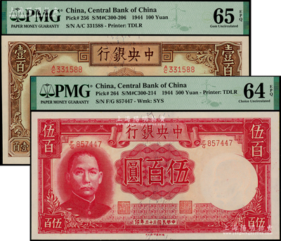 民国三十三年（1944年）中央银行德纳罗版壹百圆、伍百圆共2枚不同，海外藏家出品，全新