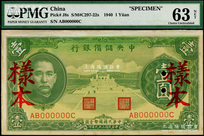 民国二十九年（1940年）中央储备银行绿色壹圆样本券，正背面合印，PMG 63 CU NET