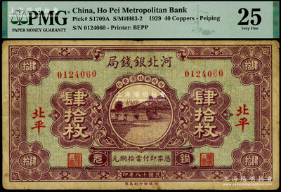民国十八年（1929年）河北银钱局铜元肆拾枚，北平地名，此乃京兆银钱局改组为河北银钱局之后的第一版纸币（其图案与后期年份者不同），少见，PMG 25 VF