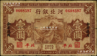 民国十九年（1930年）河北银行壹圆，北平地名；海外藏家出品，少见，原票七成新