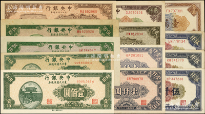 中央银行东北九省流通券共13枚，详分：1945年上海厂壹佰圆白纸版、黄纸版2种，1946年上海厂伍百圆，1947年北平厂伍百圆、上海厂棕色伍百圆、中华版壹仟圆、中央厂壹仟圆、贰仟圆，1948年贰仟圆、伍仟圆2种号码体型3枚、壹万圆；资深藏家出品，整体品相较佳，八五至九八成新，敬请预览