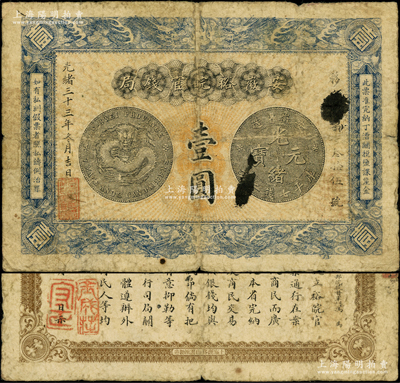 光绪三十三年（1907年）安徽裕皖官钱局壹圆，正面银币图和背面告示文字尚清晰，原票七成新