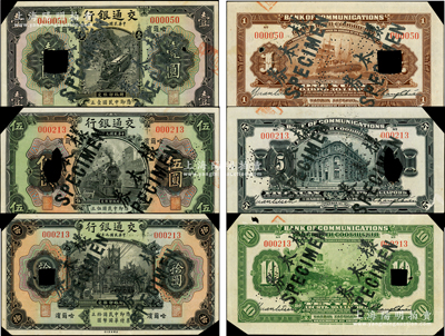 民国九年（1920年）交通银行壹圆、伍圆、拾圆共3枚全套，均为正票改样本券，哈尔滨地名，袁励衡（Yuan Li-Tsen）和张謇（Chang Chien）签名，背面印有俄文；资深藏家出品，少见，截角打孔注销，八成新