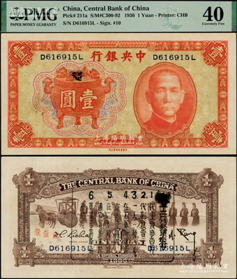 民国二十五年（1936年）中央银行中华版宝鼎壹，前后字轨，其背加盖“士兵餐券”告白文字6条，言明“代主食麦壹斤，代副食壹元，在本军所属各部一律通用”等，属军用性质，极富研究价值，罕见，近九成新